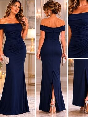 DB Studio Off Shoulder Jersey Sheath Dress Marine Navy Size 14 Formal Event